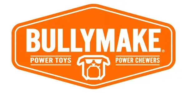 Bullymake logo featuring bold orange background with white text and a stylized dog face, emphasizing durable power toys and chewers for strong dogs.
