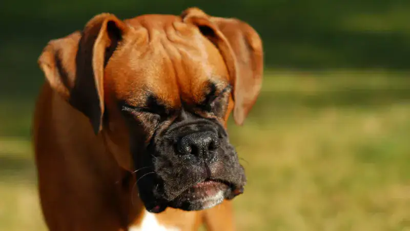 Healthy Boxer dog with a shiny coat and alert expression in a grassy field.