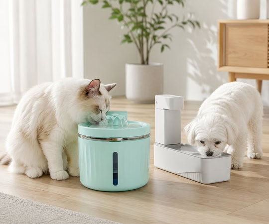 A cat and a dog drinking from separate water fountains in a bright, modern living room with natural light and indoor plants.