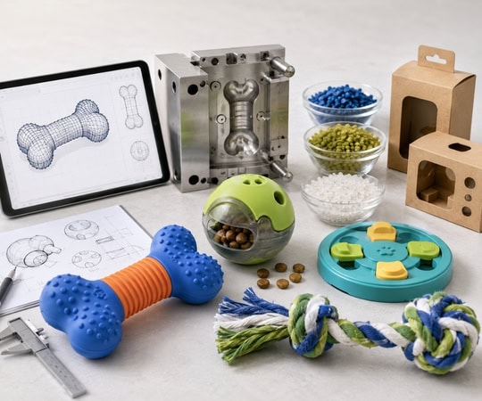 Collection of pet toy design and manufacturing tools including 3D modeling, molds, and materials for custom pet toys.