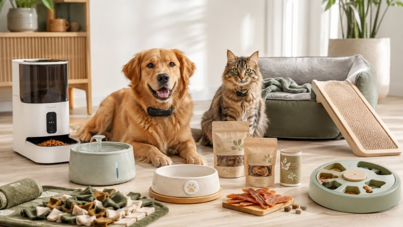 Dog and cat with pet food, bowls, and toys in a cozy home setting, highlighting pet care products for cats and dogs.