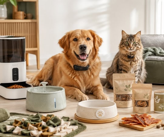 Dog and cat with pet food, bowls, and treats in a cozy home setting.