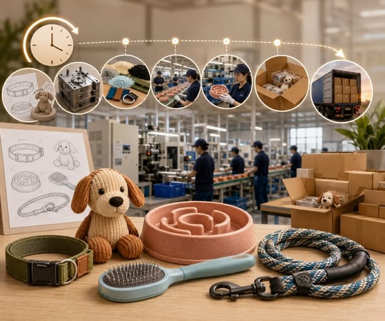 Pet product manufacturing process with assembly line, custom toys, and packaging in a factory setting.