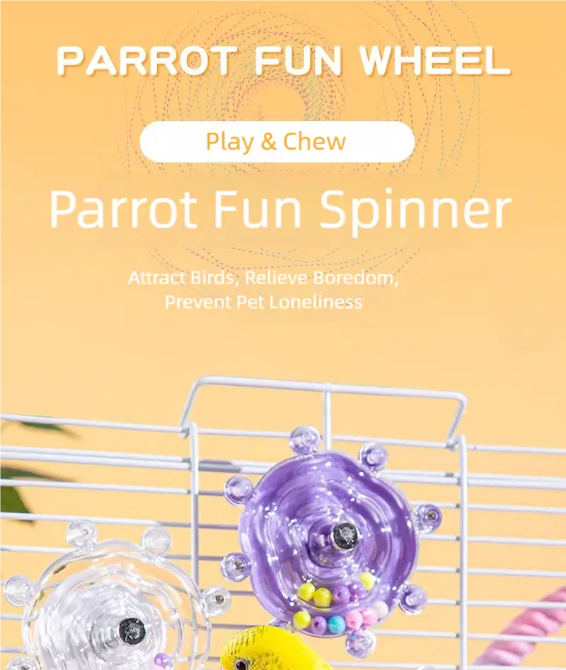Colorful parrot fun spinner toy with beads and a rotating wheel, designed to attract birds and provide mental stimulation.