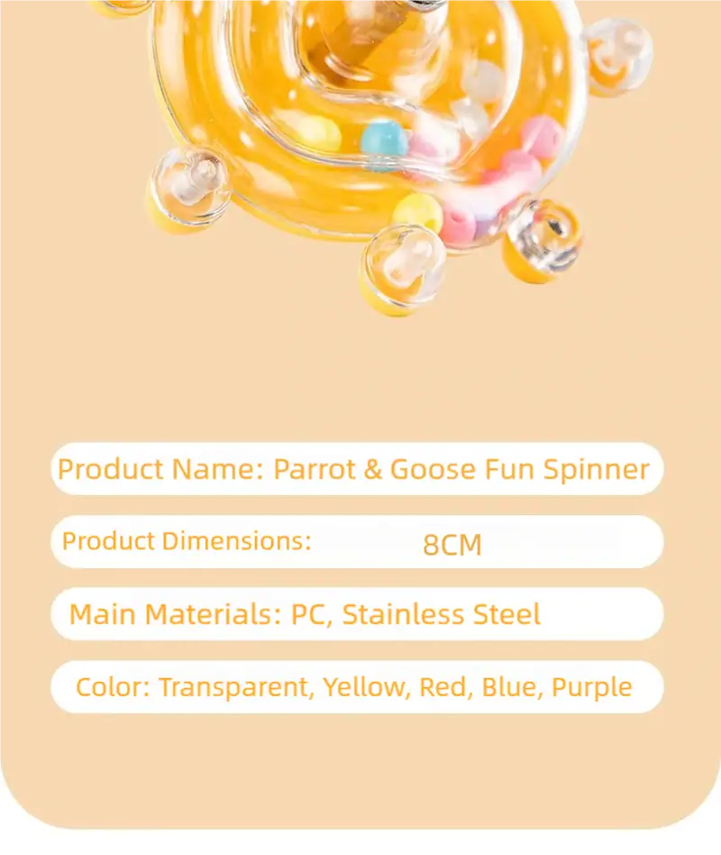 Colorful Parrot & Goose Fun Spinner toy with transparent, yellow, red, blue, and purple colors, made of PC and stainless steel, designed for pets.