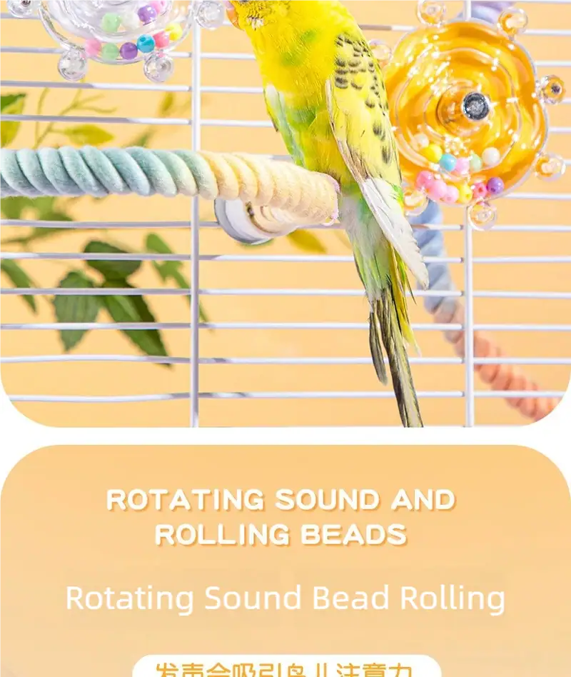 Colorful bird toy with rotating sound and rolling beads, designed for parrots and small birds to promote play and mental stimulation.