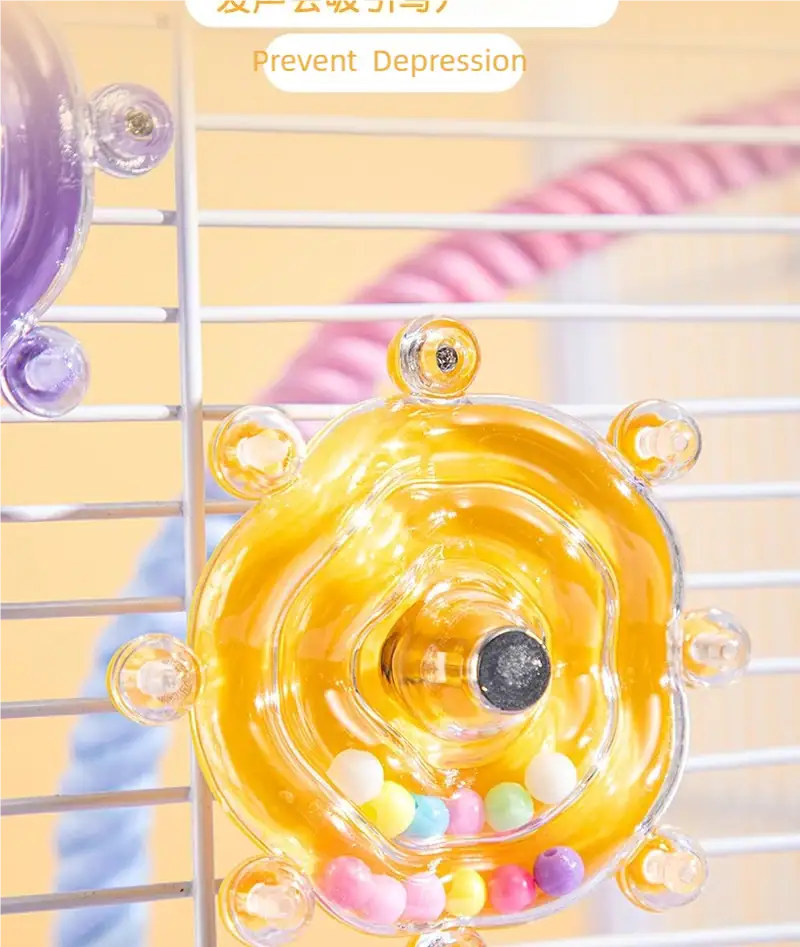 Colorful parrot turnaround frisbee toy with balls for pet entertainment and mental stimulation.