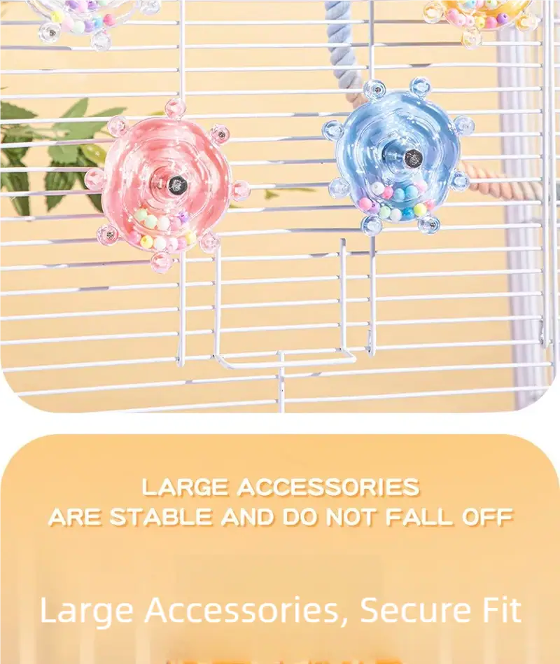 Colorful bird toys with large accessories on a white cage, designed for bird entertainment and enrichment.