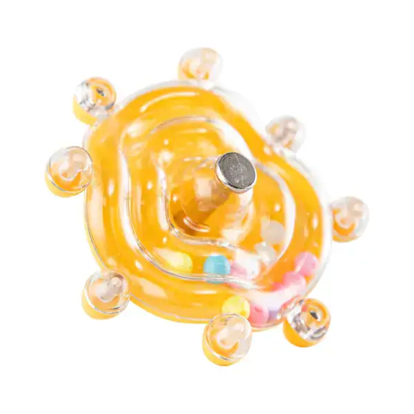 Colorful parrot turnaround frisbee toy with multiple small balls and a central metallic part, designed for pet play and entertainment.