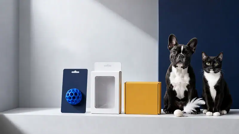 Dog and cat sitting next to pet toys and packaging on a shelf, showcasing pet product packaging options.