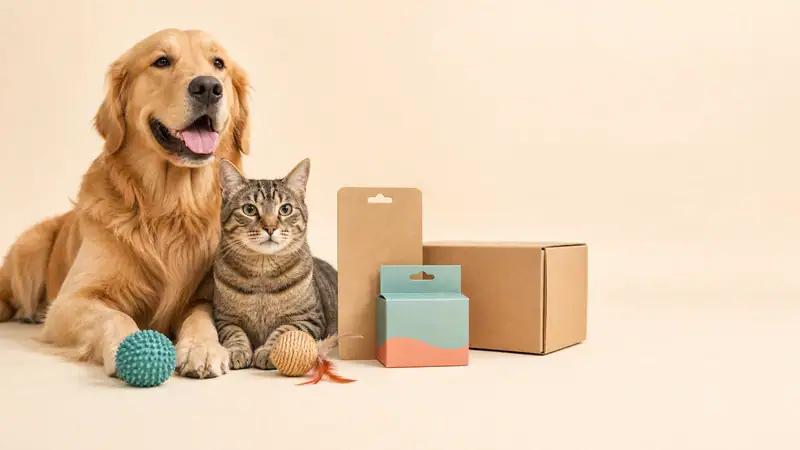 Golden retriever and tabby cat with pet product packaging and toys on a neutral background.