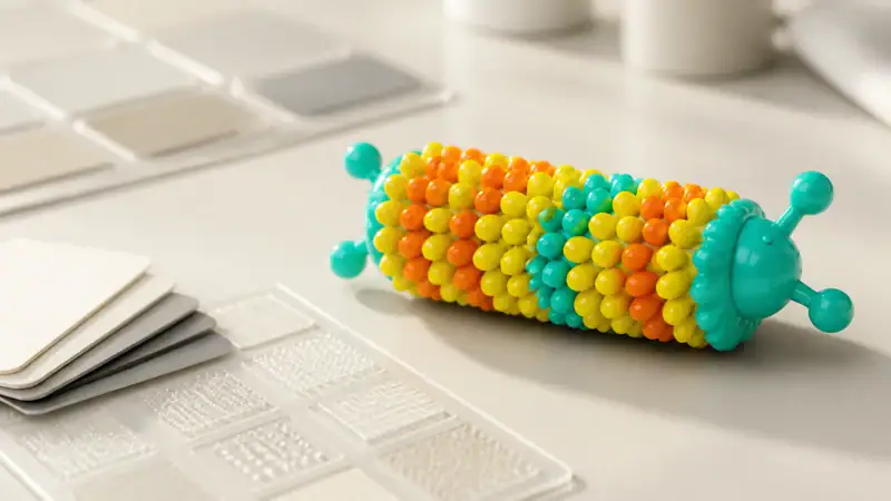 Brightly colored beaded stress toy with a cylindrical shape and small protruding spheres, placed on a white desk near a keyboard and papers.