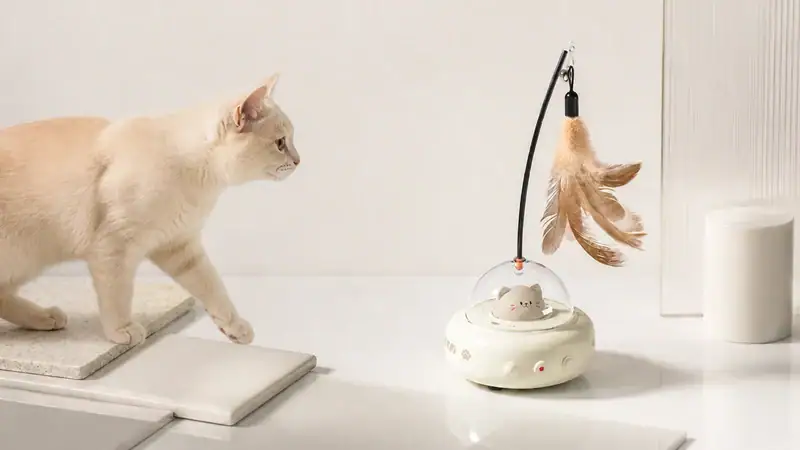 Cream-colored cat playing with an electronic feather toy on a white surface, with a white background and a white cylindrical object nearby.