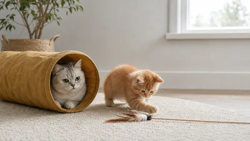 Two cats playing with a toy mouse on a carpet near a window, illustrating pet product testing and evaluation.