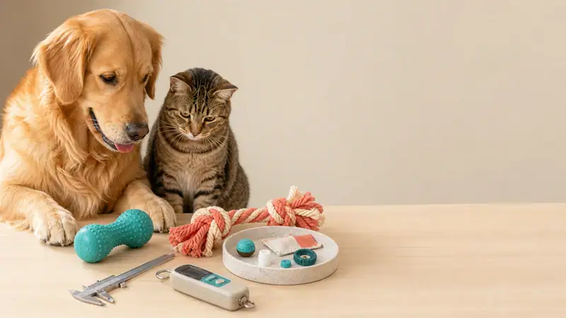 Golden retriever and tabby cat examining pet toys, including a rubber bone, rope, and small parts, on a light-colored table.
