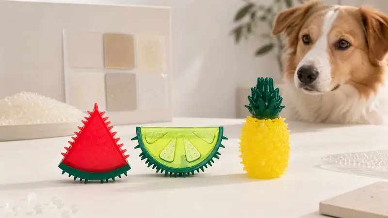 Dog toy set with watermelon, lime, and pineapple shapes on a white table with a dog in the background.
