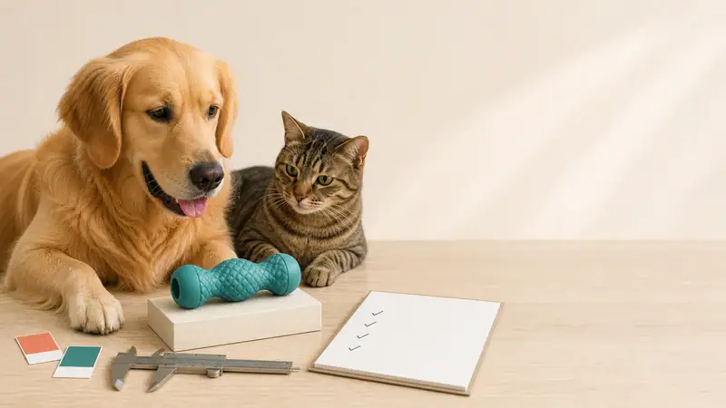 Golden retriever dog and tabby cat sitting together with a blue chew toy, a caliper, and a notepad on a light wooden surface, illustrating pet product testing.