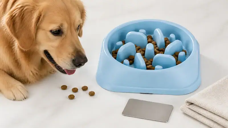Golden retriever dog eating dry kibble from a blue automatic pet feeder on a white surface with a small metal scale nearby.