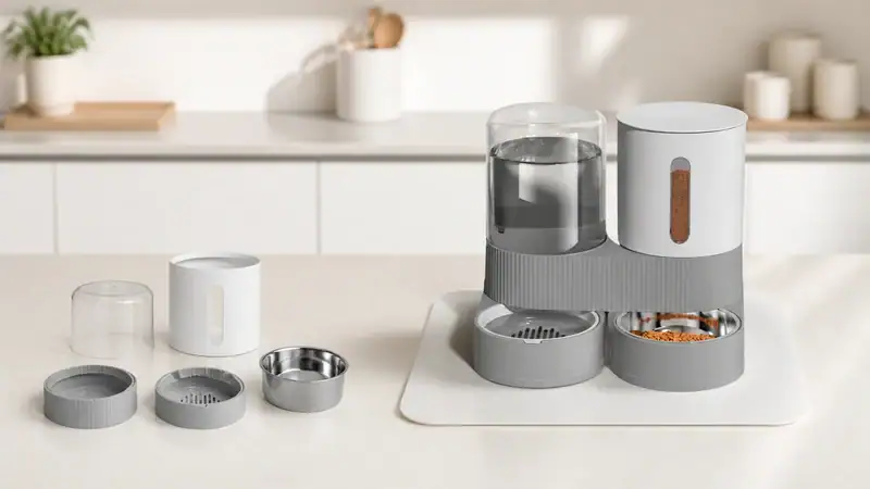 Modern pet food dispenser with multiple compartments and storage containers on a kitchen countertop, designed for convenient pet feeding.