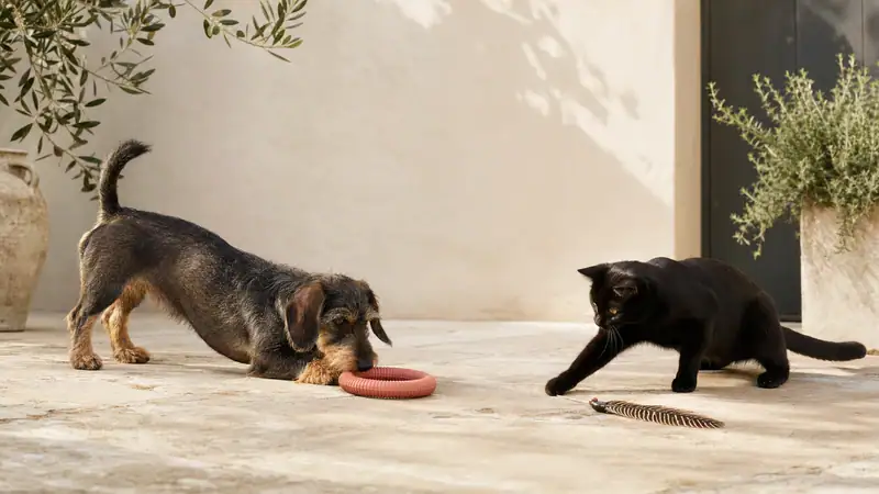 Two puppies, one with a pink squeaker toy and the other with a rope toy, playing on a patio with potted plants in the background.