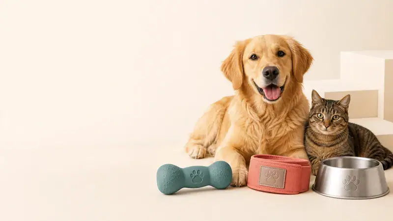 Golden retriever and tabby cat with pet accessories including a dog bowl, a pink collar, and a teal bone-shaped toy, on a light background.