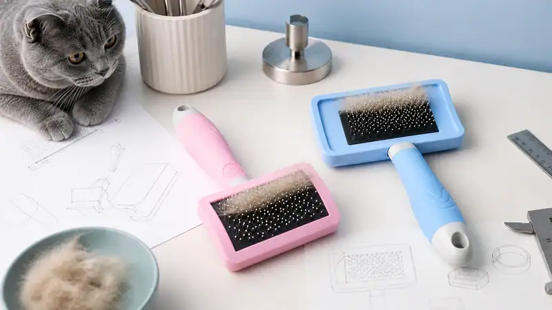Close-up of grooming tools including brushes and a hairdryer on a desk with a gray cat nearby, in a clean and organized workspace.