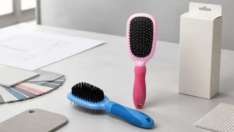 Two pet grooming brushes, one pink and one blue, with a white box and color palette in the background, on a white surface.