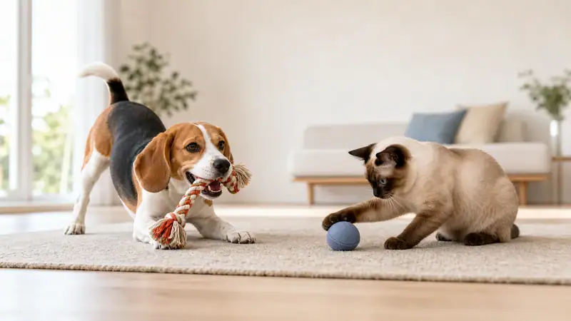 Adorable beagle dog and Siamese cat playing with a blue ball on a beige carpet in a bright living room.