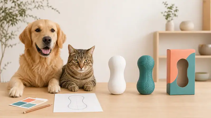 Adorable golden retriever and tabby cat sitting together at a table with pet toys, a sketch, and color swatches in a cozy home setting.
