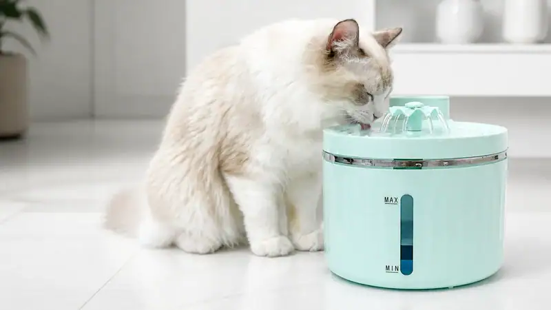 Cute cat drinking water from a modern, light blue pet water dispenser in a bright, clean kitchen setting.