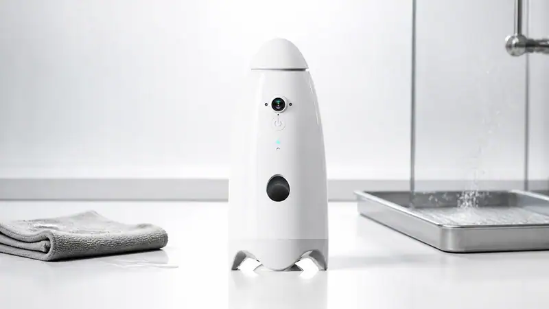 White ultrasonic cleaning device on a clean white surface with a towel and tray in the background, showcasing advanced cleaning technology.