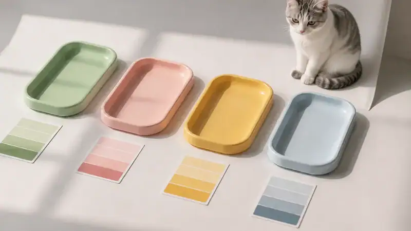 A white and gray striped cat sitting next to four colorful ceramic trays in green, pink, yellow, and blue, with matching color swatches underneath.