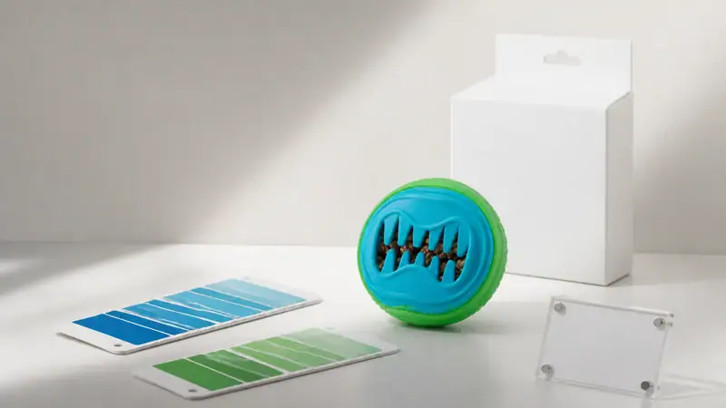 Colorful round pet dental toy with textured surface for cleaning teeth, placed on a white surface with color sample cards and a white box in the background.