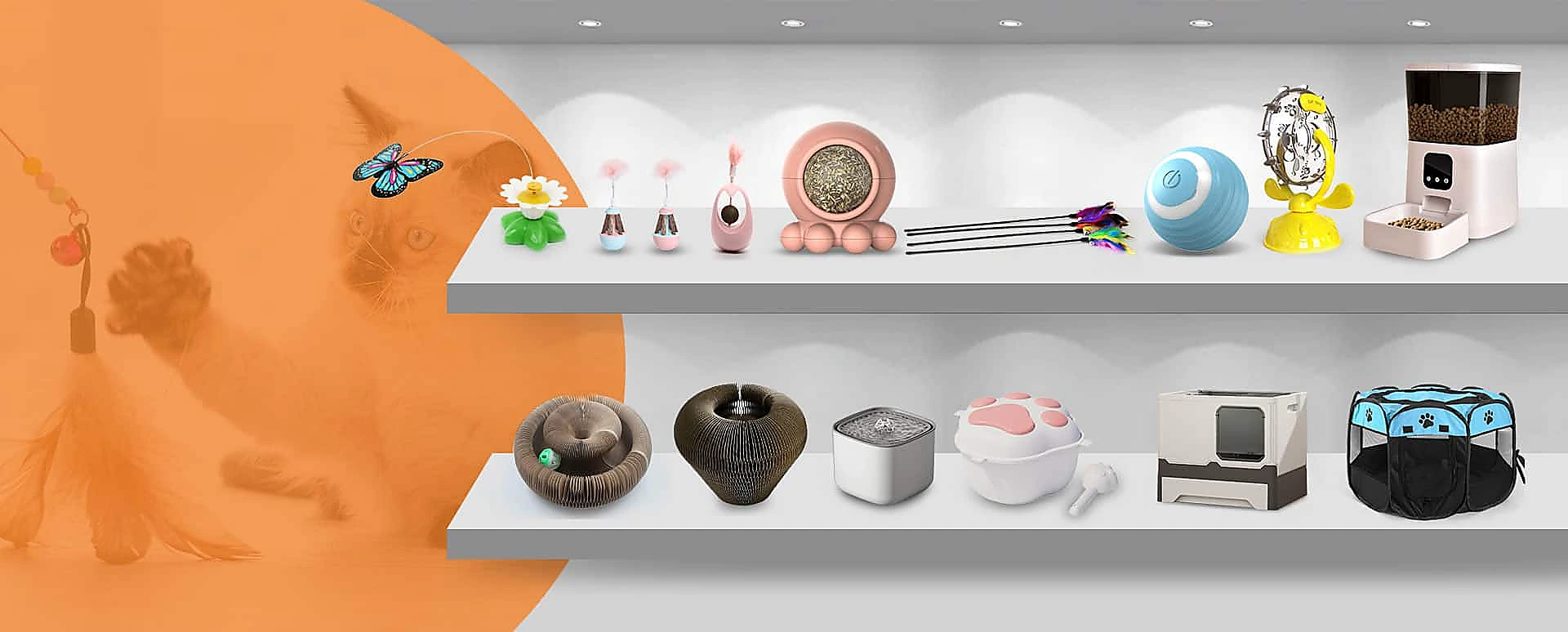 Collection of innovative pet accessories and gadgets including toys, bowls, and smart devices from HEOU for pet care.
