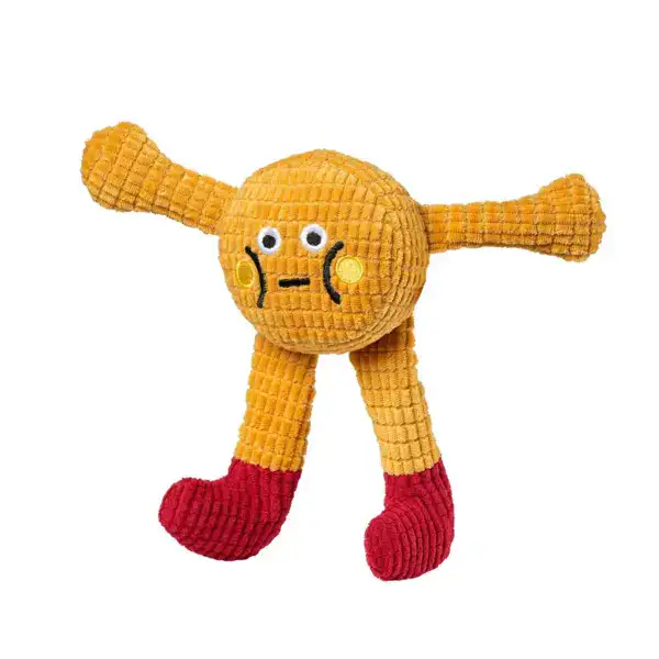Bright yellow plush toy with long arms and legs, featuring a round head with expressive eyes and a small mouth, wearing red feet.