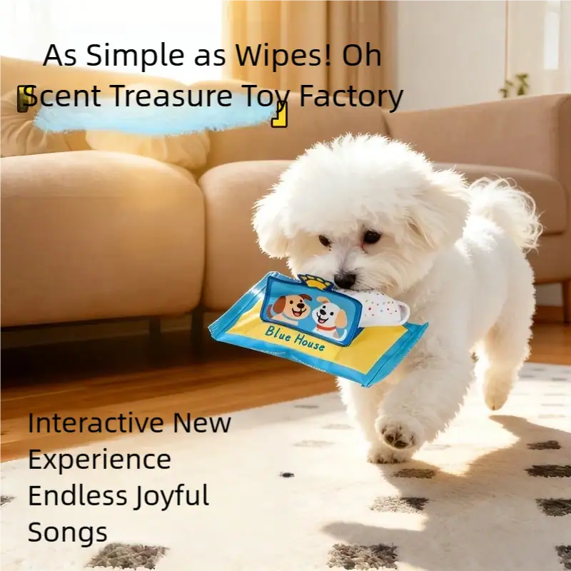 Cute white puppy playing with a blue Scent Treasure Toy Factory toy in a cozy living room.