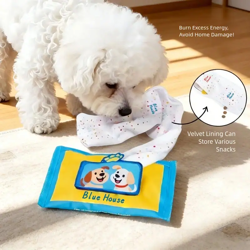 Cute white dog playing with a snack dispenser and storage bag, designed to prevent home damage from excess energy.