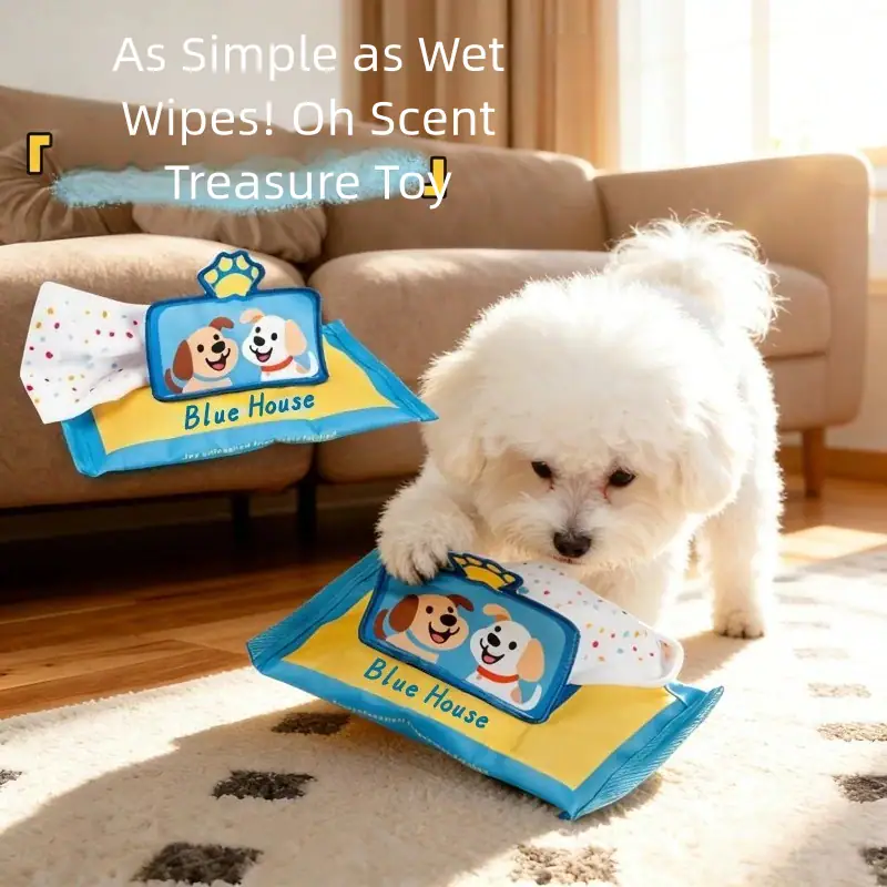 Cute white puppy with Blue House pet wipes on a cozy living room rug, promoting easy cleaning and fresh scent for pets.