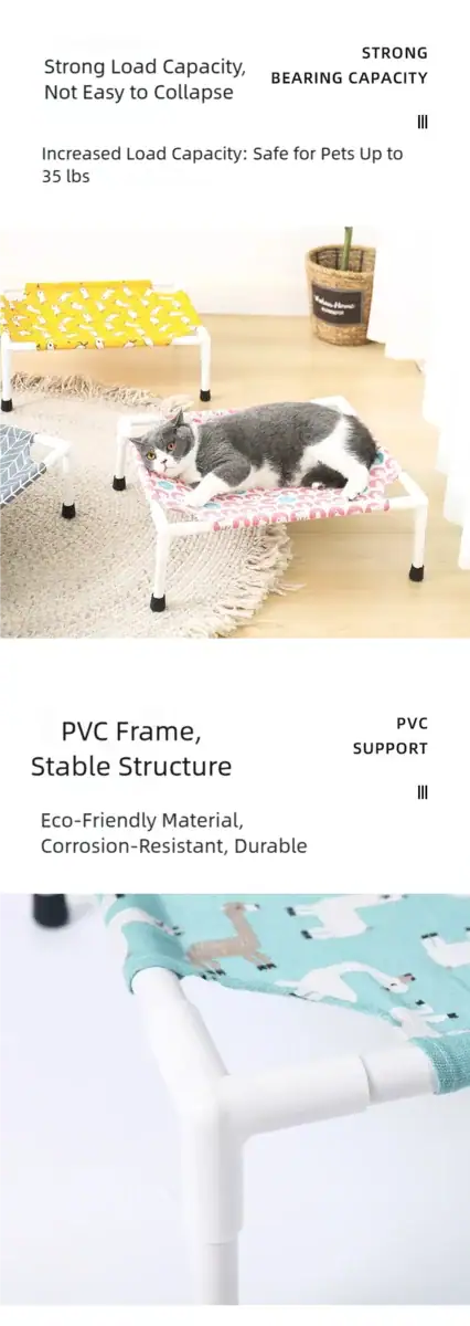 Comfortable pet bed for cats and small dogs, featuring a PVC frame, eco-friendly materials, and a stable structure for safe, cozy resting space.