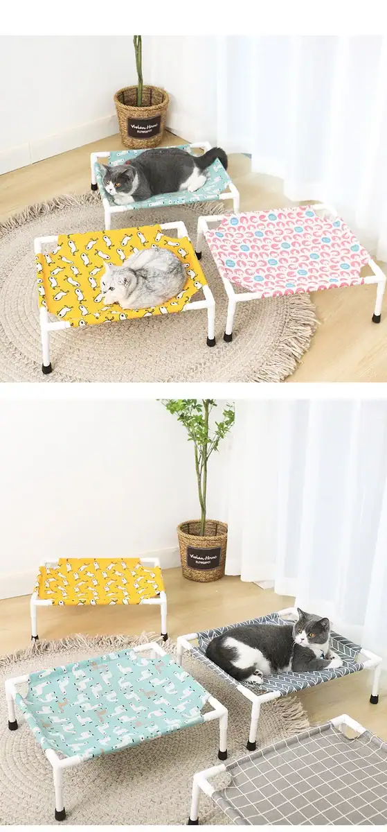 Two pet bed platforms with colorful patterns, one with a gray cat and the other with a black and white dog, in a bright, cozy room with plants and curtains.