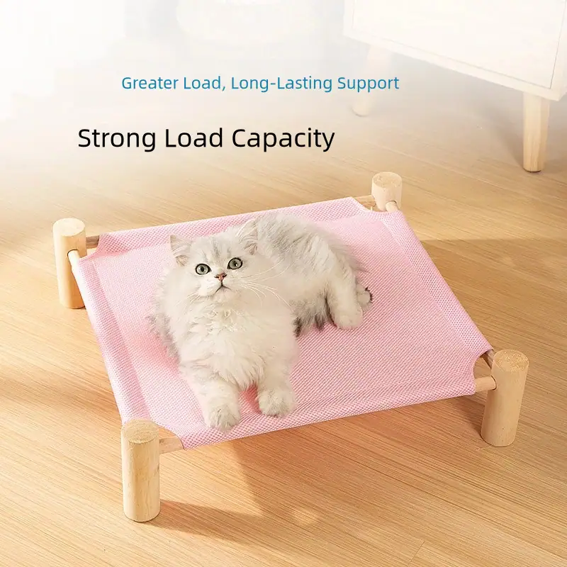 Durable cat bed with wooden legs and pink fabric, designed for strong load capacity and long-lasting support, ideal for cats to rest comfortably.