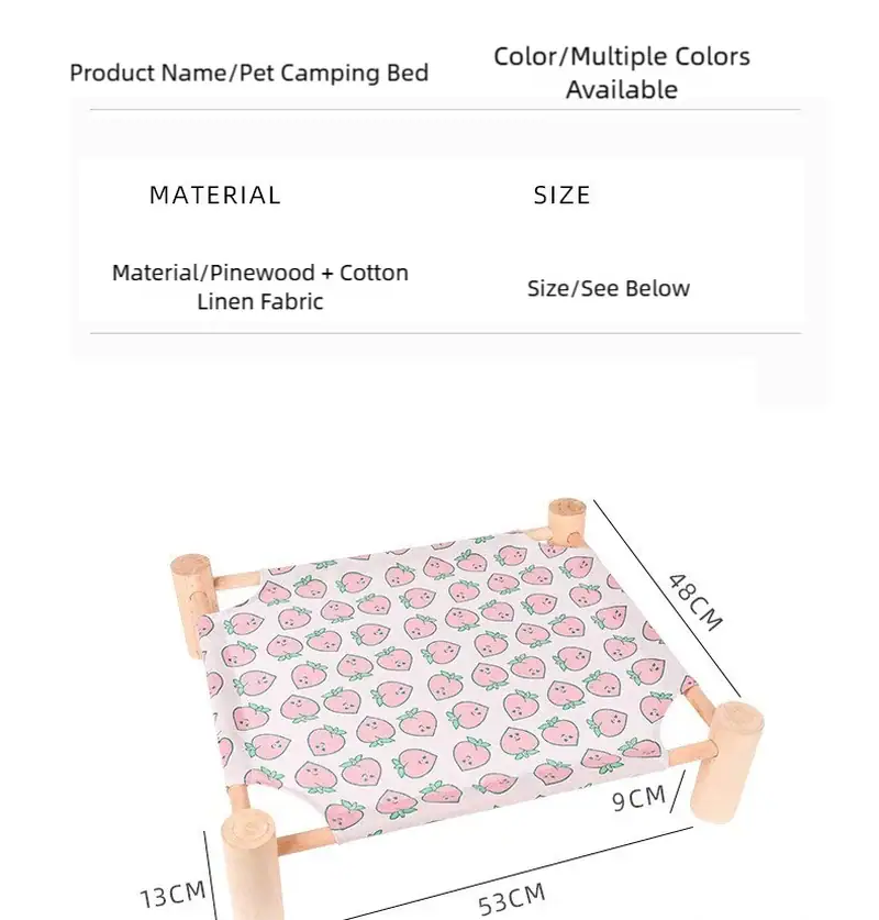 Cute pet camping bed with a pink strawberry pattern, made from pinewood and cotton linen fabric, measuring 48cm by 53cm by 13cm.