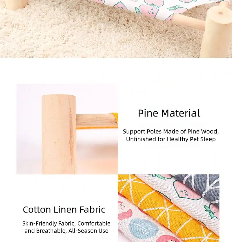 Close-up of pet bed features highlighting pine wood support poles and cotton linen fabric for comfort and durability.