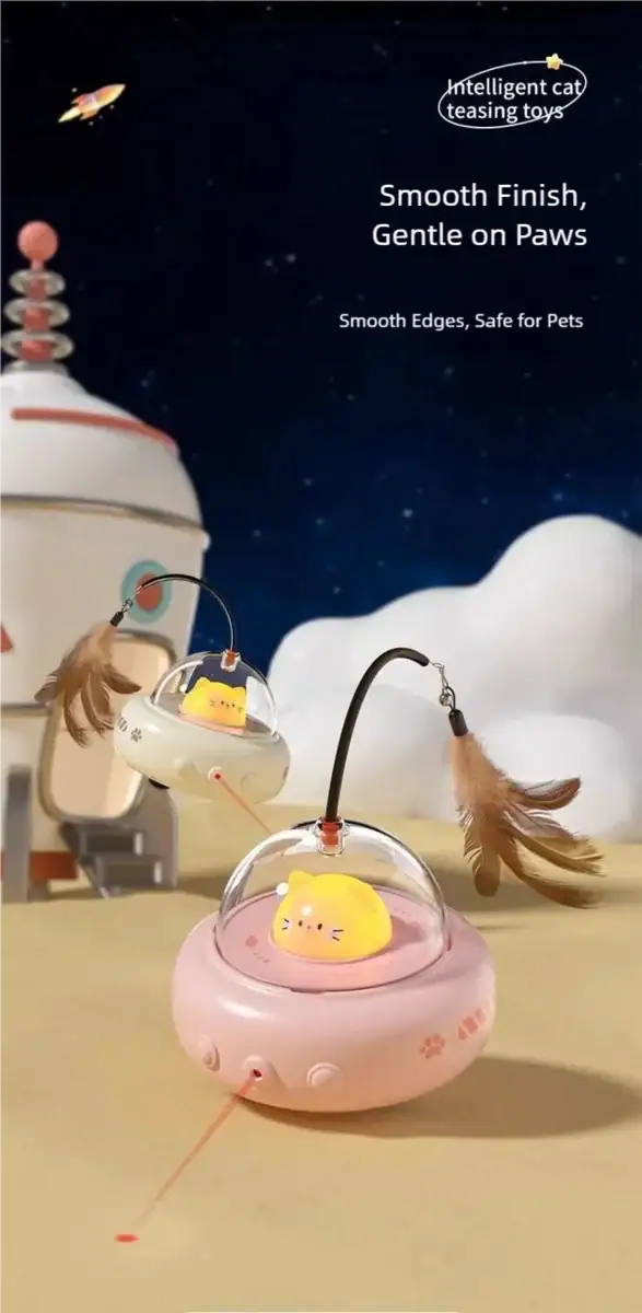 HEOU pet teasing toy with smooth edges and gentle on paws, featuring a cute yellow character inside a pink container, designed for safe and fun play for pets.
