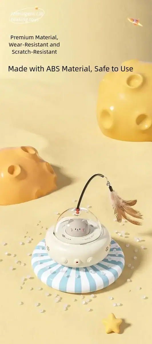 HEOU cat toy made of premium, wear-resistant ABS material, featuring a feather and mouse for engaging play, safe and durable for cats.