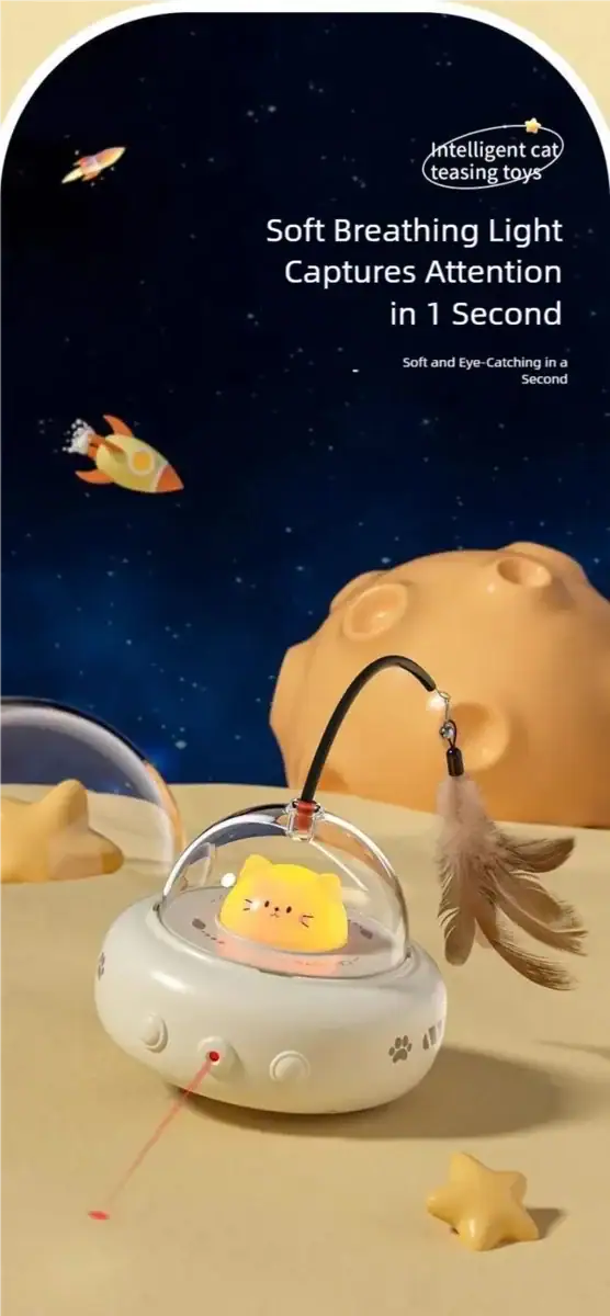 Cute yellow cat toy with feather, designed for soft breathing and attention capture, set against a space-themed background with planets and stars.