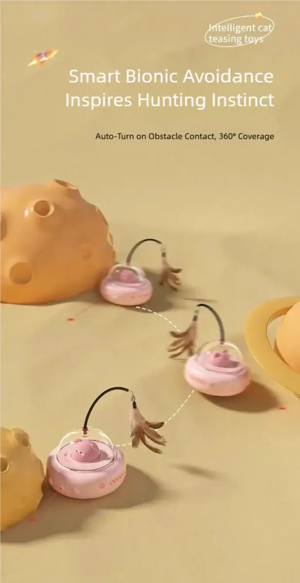 HEOU smart bionic cat toy mimicking prey with obstacle contact and 360° coverage to stimulate hunting instincts.