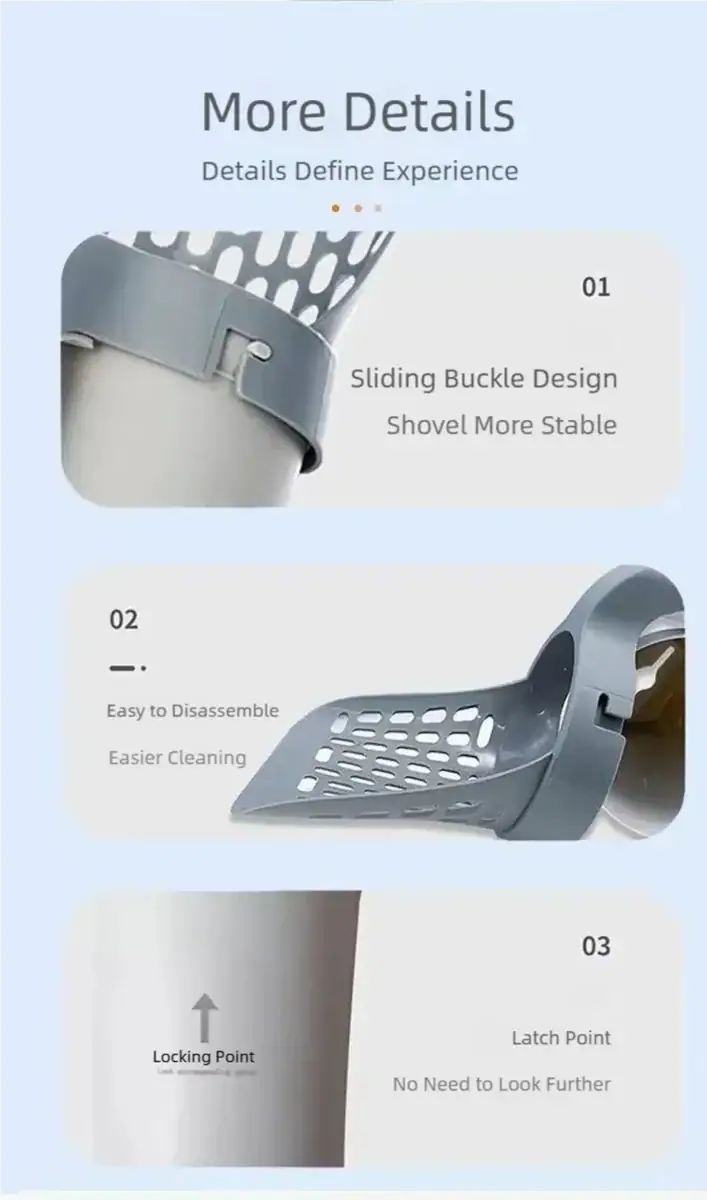 Close-up of HEOU shovel with sliding buckle, disassembly, and latch point for enhanced usability and stability.