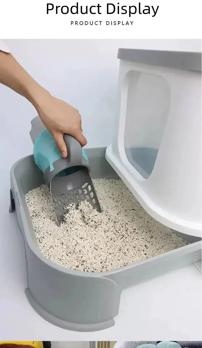 HEOU automatic cat litter box with scoop, designed for easy cleaning and odor control, featuring a modern, sleek design for pet owners.