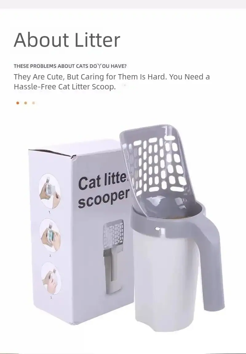 Ergonomic cat litter scooper with a large handle and grid design for easy cleaning, shown with its packaging box.
